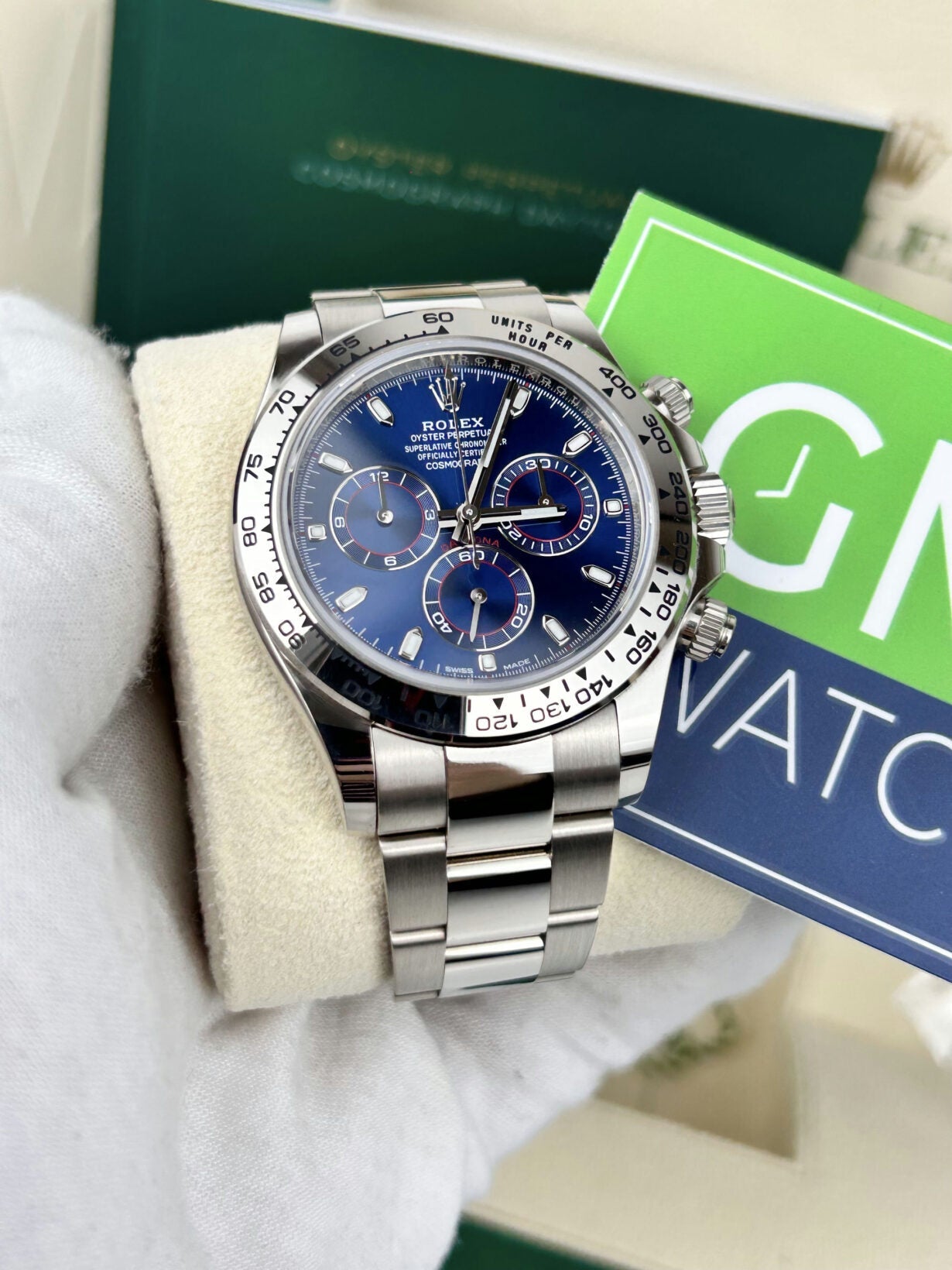 Rolex Daytona –  White Gold Blue Baton Dial –