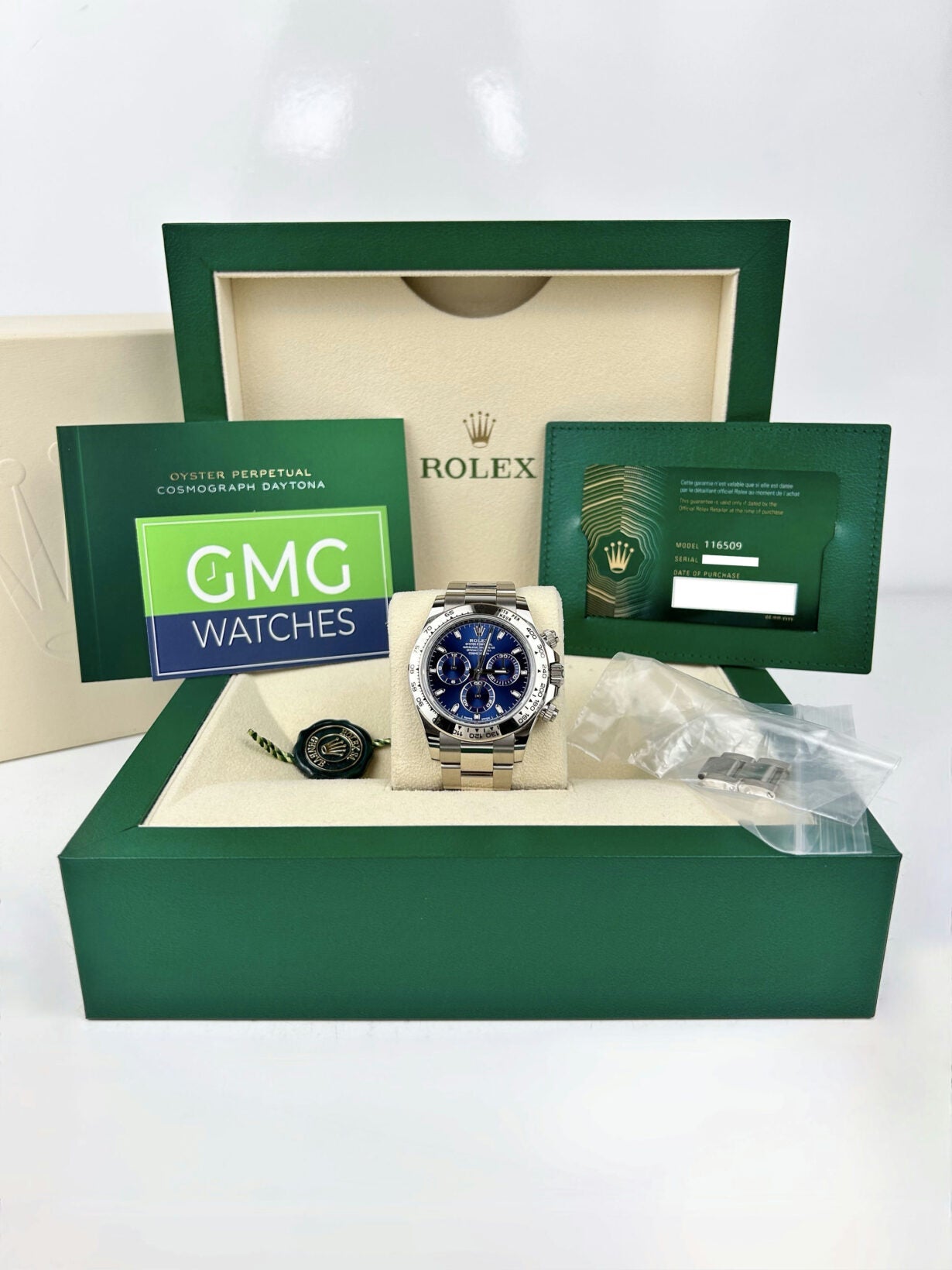 Rolex Daytona –  White Gold Blue Baton Dial –