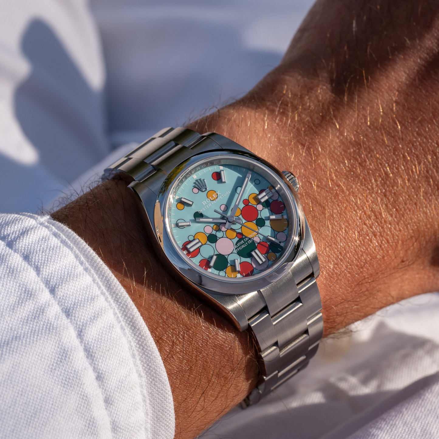 Rolex Oyster Perpetual Blue Celebration Bubble Dial Oyster bracelet