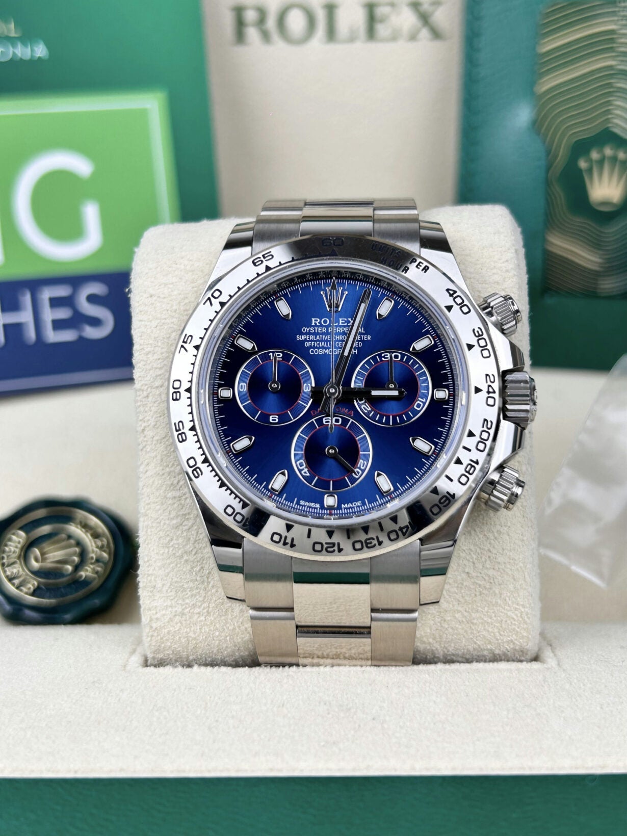 Rolex Daytona –  White Gold Blue Baton Dial –