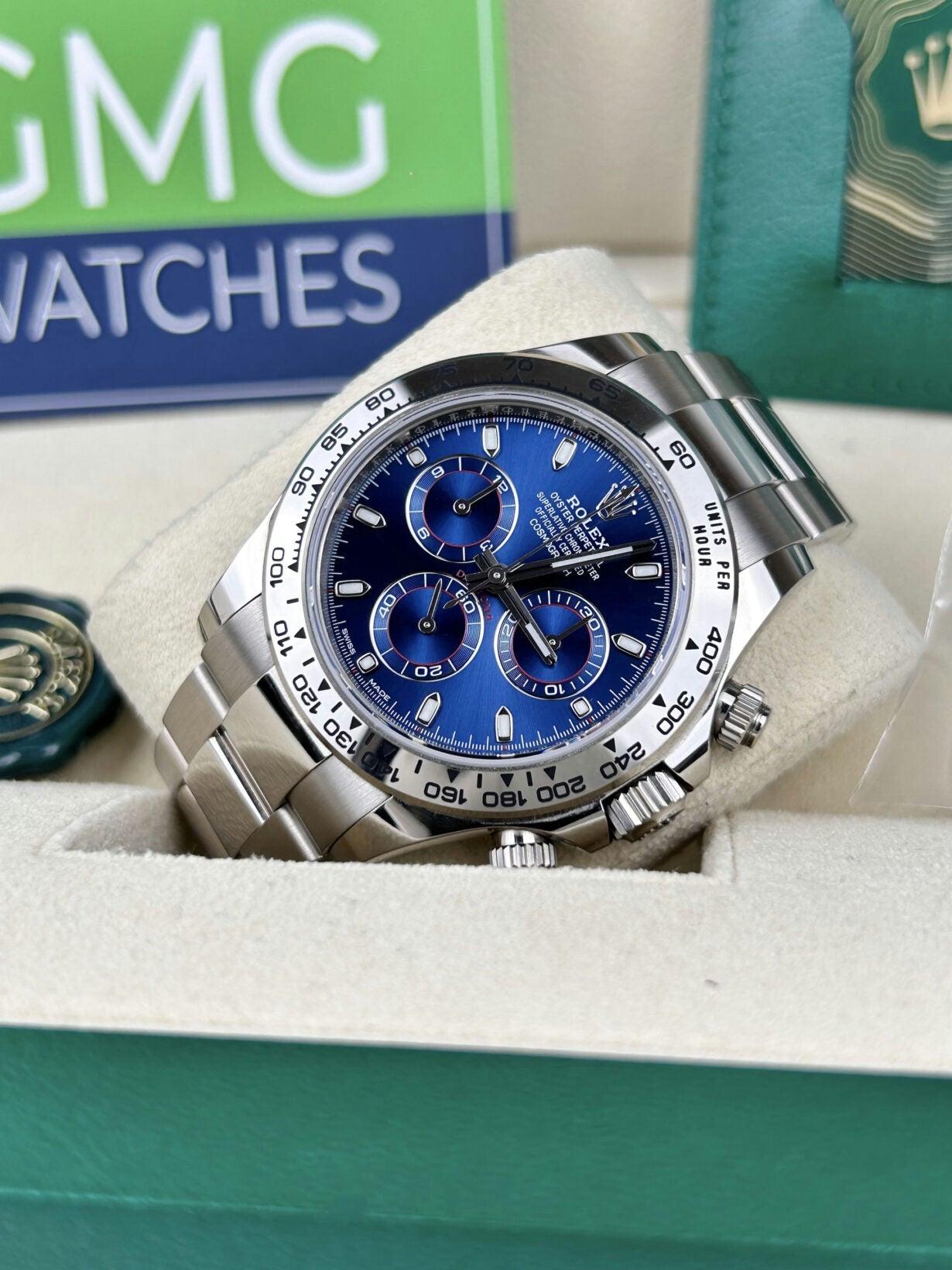 Rolex Daytona –  White Gold Blue Baton Dial –